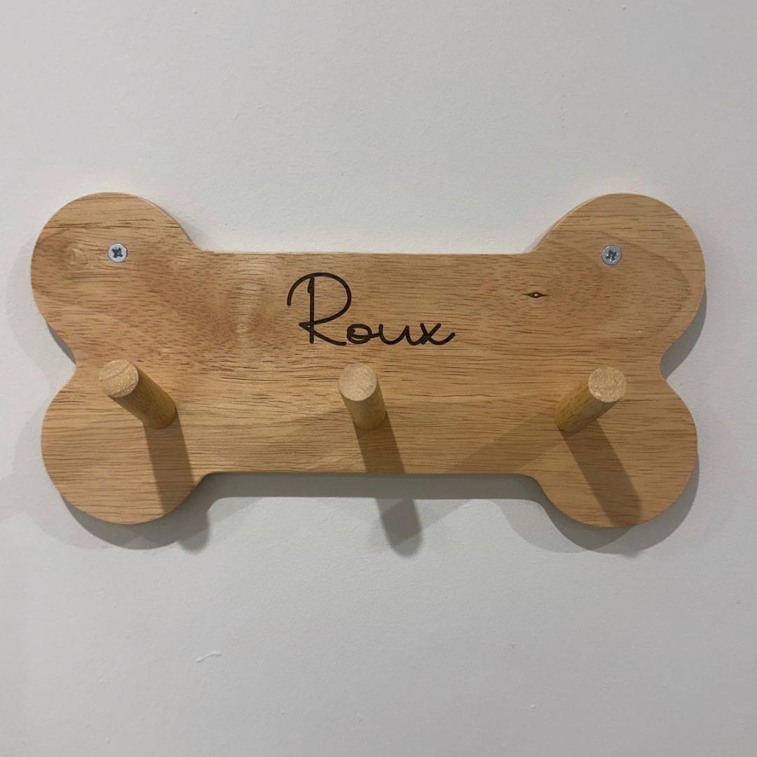 Personalised Dog Lead & Coat Holder – Bone Shaped Wall Mount (3 Pegs)
